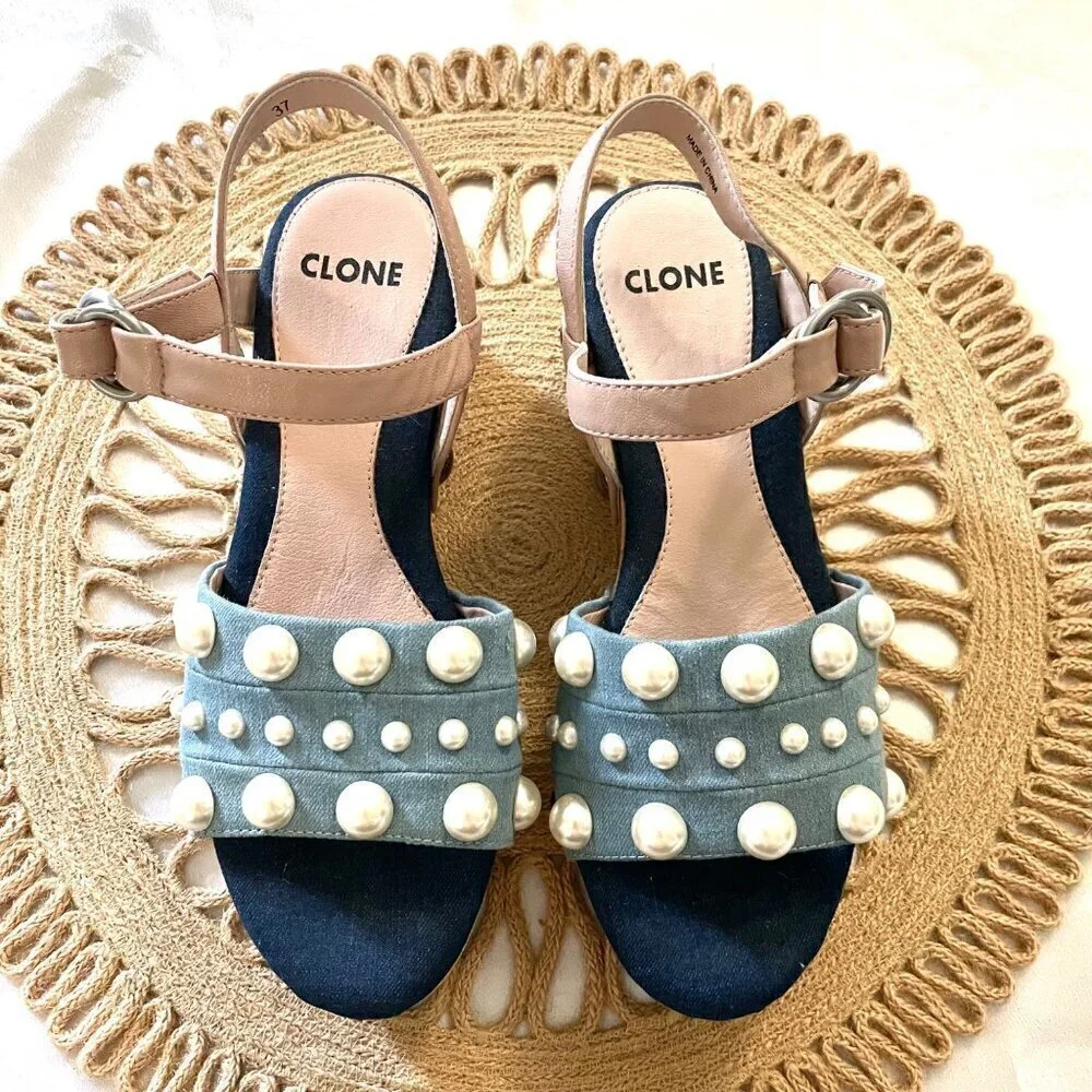 CLONE Pink-Pearl Detail Blue Denim Wooden Clog Sandals Women’s EU 37 NWOT